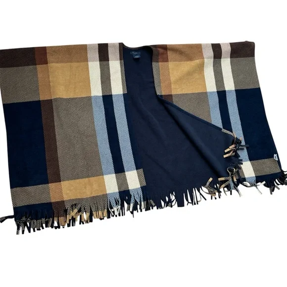 Rachel Roy Plaid Fringe Poncho Wrap Cape Shawl – Neutral Colorblock OS - Picture 8 of 10